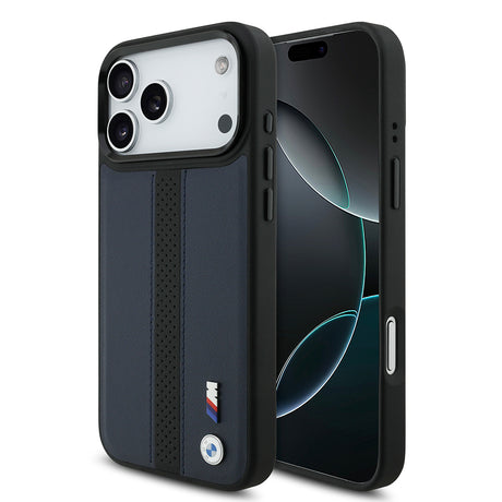 Apple iPhone 17 Pro Max Kılıf BMW Orjinal Lisanslı M-safe Şarj Özellikli Deri Arka Yüzey Metal Logolu Delikli Şerit Tasarımlı Kapak