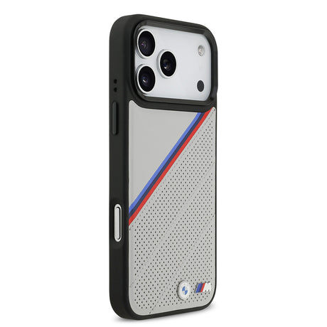 Apple iPhone 17 Pro Max Kılıf BMW Orjinal Lisanslı M-safe Şarj Özellikli M Logolu Üç Şeritli Delikli Deri Kapak