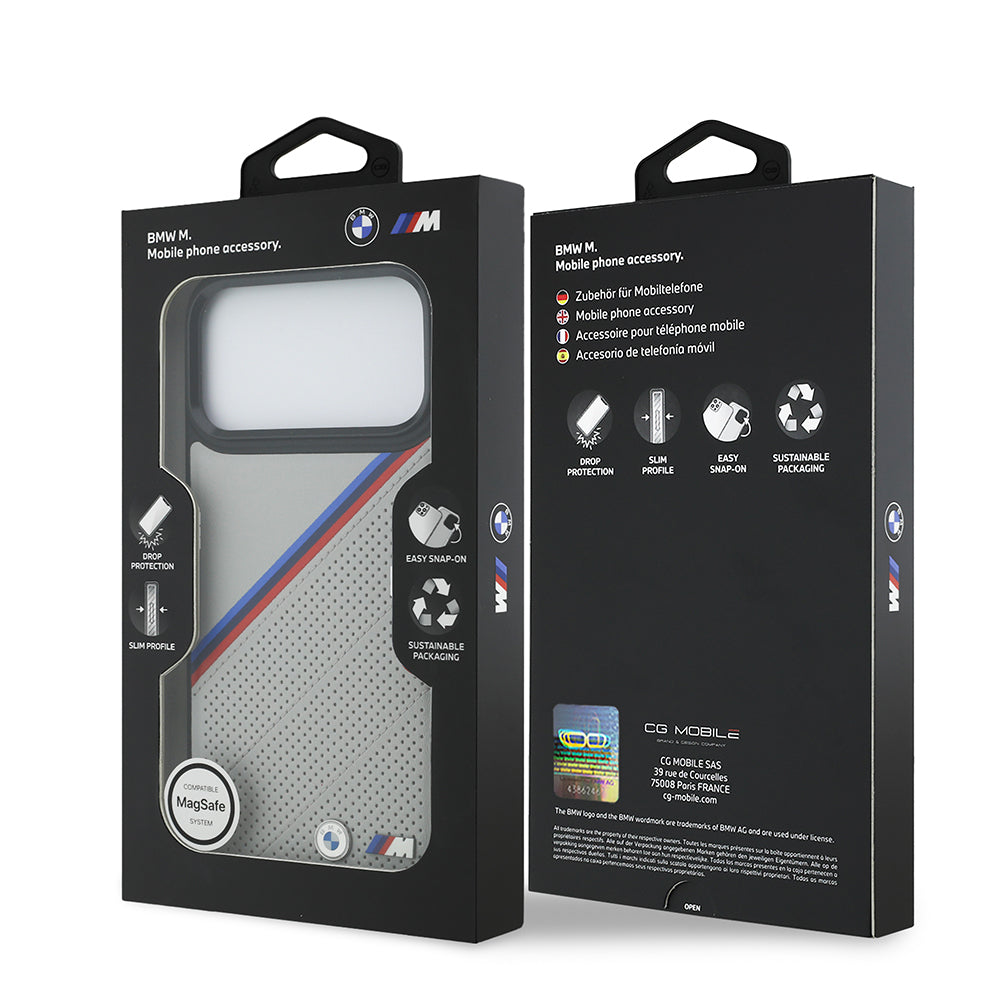 Apple iPhone 17 Pro Max Kılıf BMW Orjinal Lisanslı M-safe Şarj Özellikli M Logolu Üç Şeritli Delikli Deri Kapak