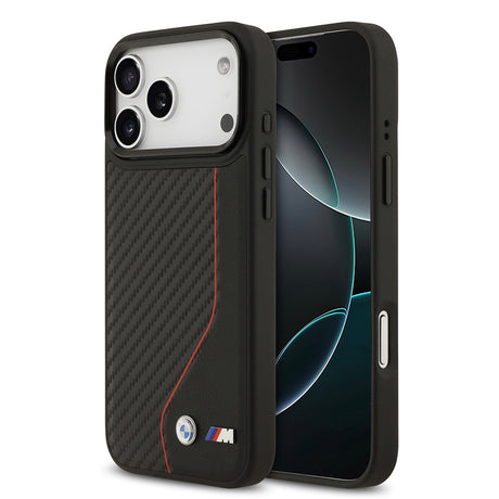 Apple iPhone 17 Pro Max Kılıf BMW Orjinal Lisanslı M-safe Şarj Özellikli Metal BMW ve M Logolu PU Karbon Tasarımlı Kapak