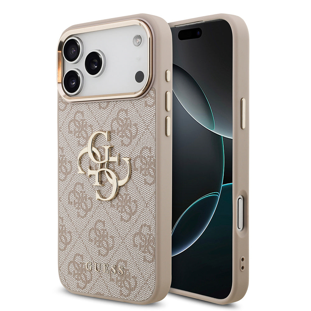 Apple iPhone 17 Pro Max Kılıf Guess Orjinal Lisanslı Gold Metal Kamera Çerçeveli 4G Desenli Metal Büyük 4G ve Yazı Logolu Kapak