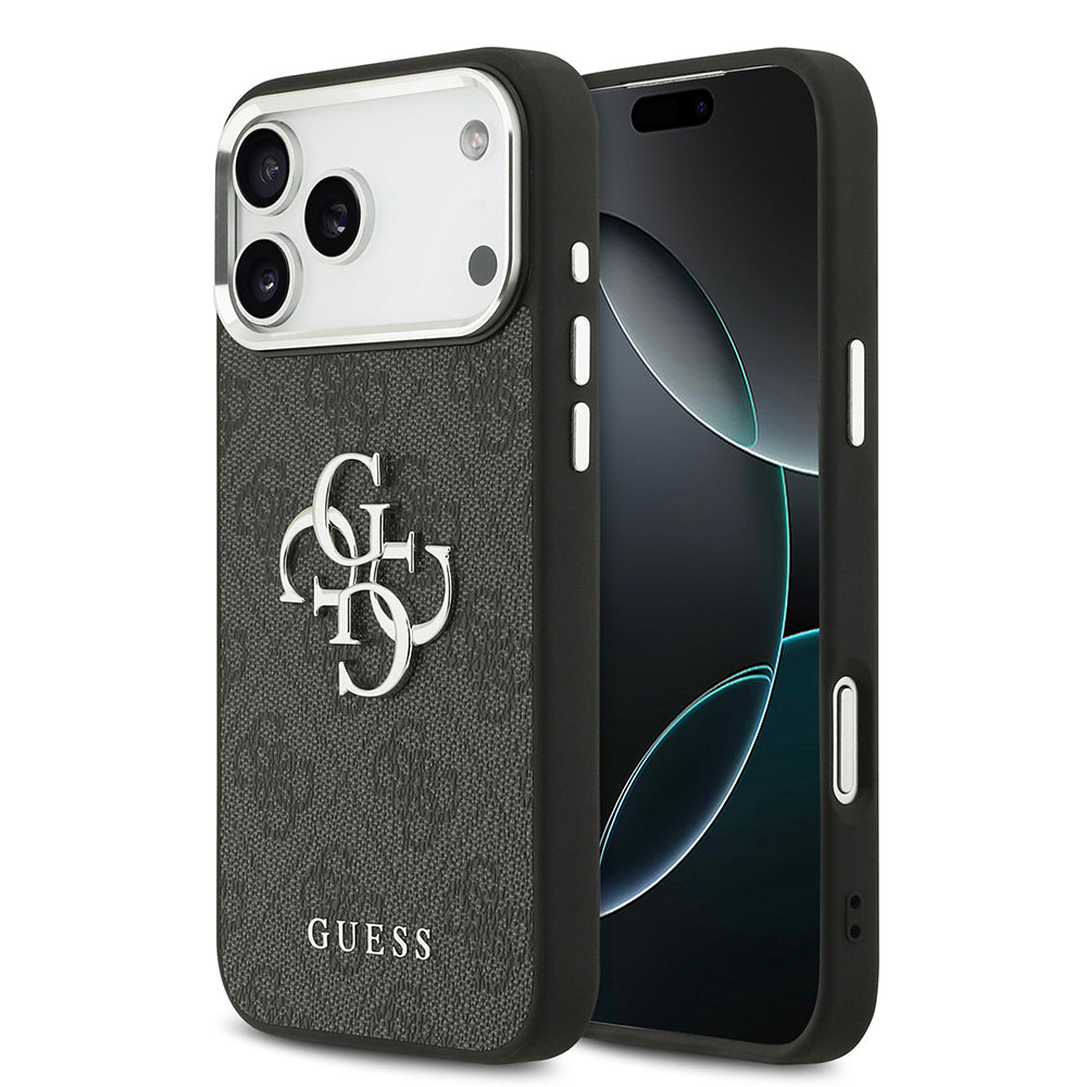 Apple iPhone 17 Pro Max Kılıf Guess Orjinal Lisanslı Gümüş Metal Kamera Çerçeveli 4G Desenli Metal Büyük 4G ve Yazı Logolu Kapak