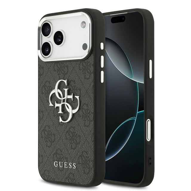 Apple iPhone 17 Pro Max Kılıf Guess Orjinal Lisanslı Gümüş Metal Kamera Çerçeveli 4G Desenli Metal Büyük 4G ve Yazı Logolu Kapak