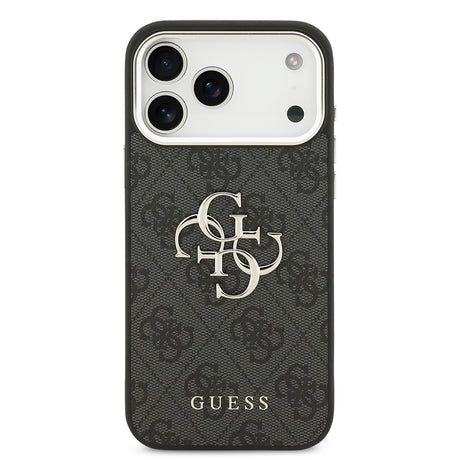 Apple iPhone 17 Pro Max Kılıf Guess Orjinal Lisanslı Gümüş Metal Kamera Çerçeveli 4G Desenli Metal Büyük 4G ve Yazı Logolu Kapak