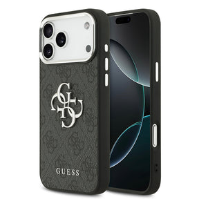 Apple iPhone 17 Pro Max Kılıf Guess Orjinal Lisanslı Gümüş Metal Kamera Çerçeveli 4G Desenli Metal Büyük 4G ve Yazı Logolu Kapak