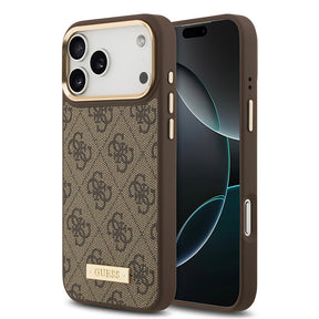 Apple iPhone 17 Pro Max Kılıf Guess Orjinal Lisanslı M-safe Şarj Özellikli 4G Desenli PU Metal Plaka Klasik Logolu Kapak