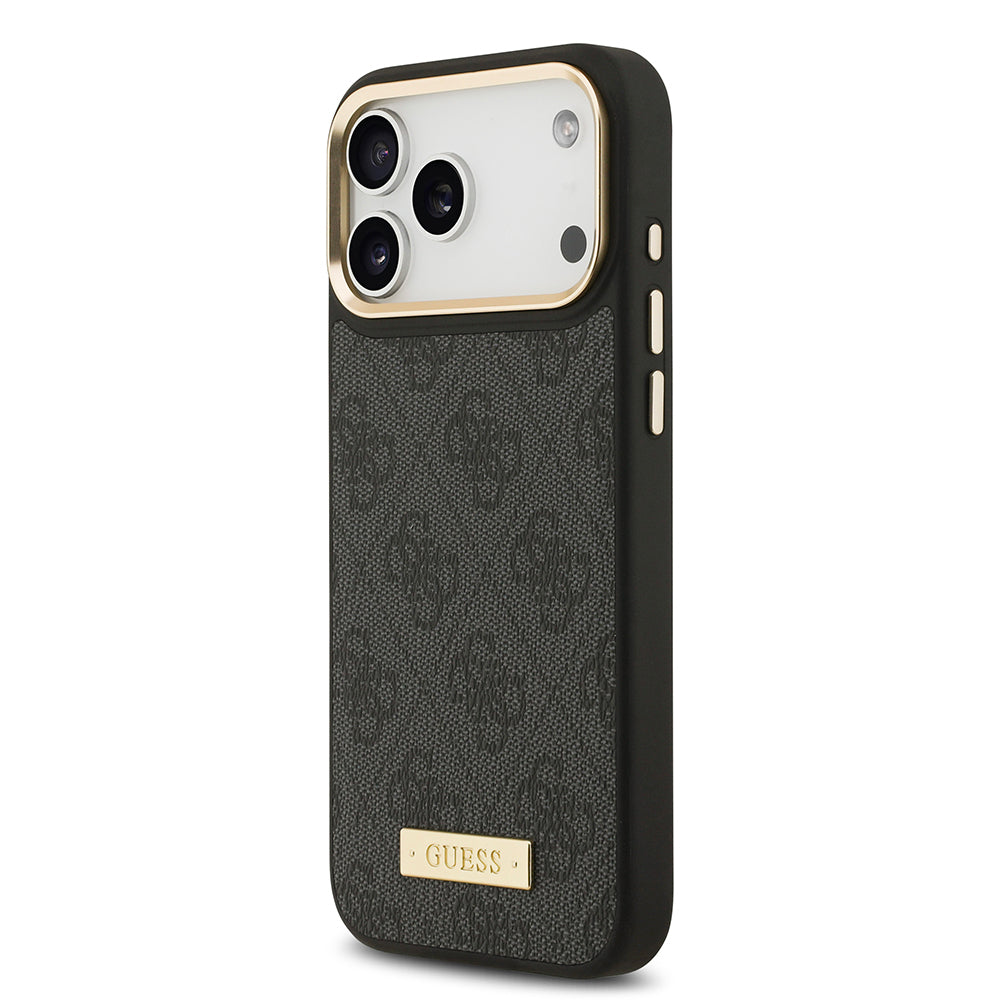Apple iPhone 17 Pro Max Kılıf Guess Orjinal Lisanslı M-safe Şarj Özellikli 4G Desenli PU Metal Plaka Klasik Logolu Kapak