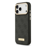 Apple iPhone 17 Pro Max Kılıf Guess Orjinal Lisanslı M-safe Şarj Özellikli 4G Desenli PU Metal Plaka Klasik Logolu Kapak