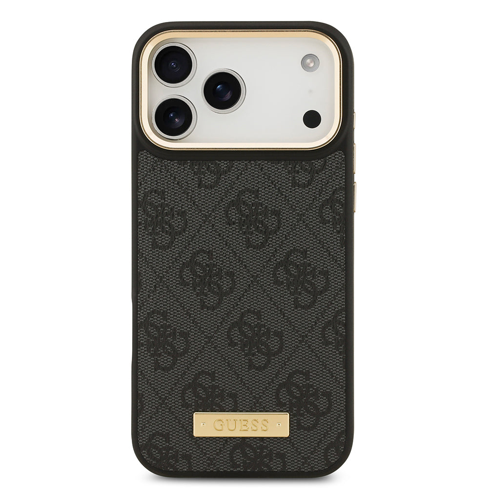 Apple iPhone 17 Pro Max Kılıf Guess Orjinal Lisanslı M-safe Şarj Özellikli 4G Desenli PU Metal Plaka Klasik Logolu Kapak