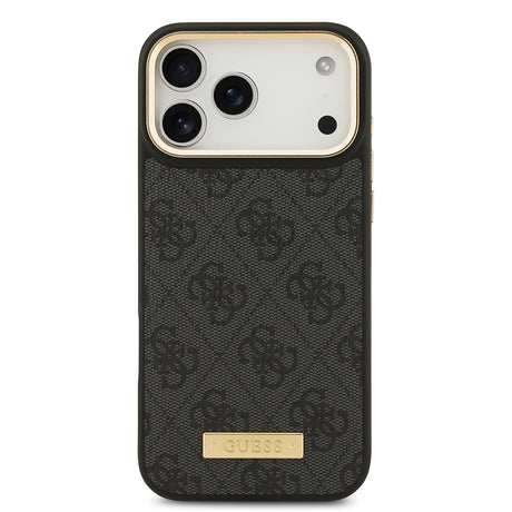 Apple iPhone 17 Pro Max Kılıf Guess Orjinal Lisanslı M-safe Şarj Özellikli 4G Desenli PU Metal Plaka Klasik Logolu Kapak