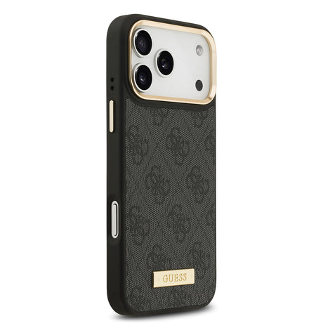 Apple iPhone 17 Pro Max Kılıf Guess Orjinal Lisanslı M-safe Şarj Özellikli 4G Desenli PU Metal Plaka Klasik Logolu Kapak