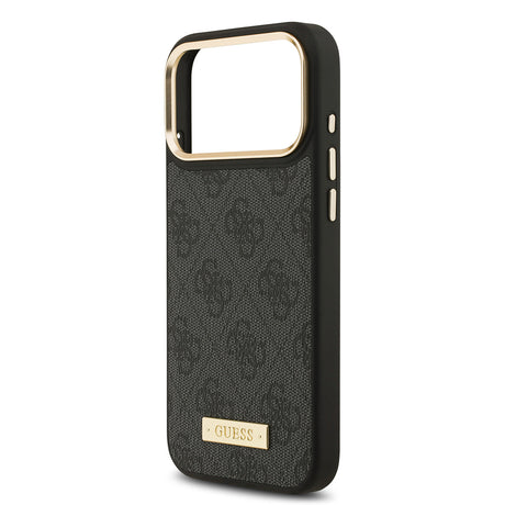 Apple iPhone 17 Pro Max Kılıf Guess Orjinal Lisanslı M-safe Şarj Özellikli 4G Desenli PU Metal Plaka Klasik Logolu Kapak