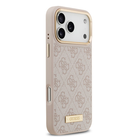 Apple iPhone 17 Pro Max Kılıf Guess Orjinal Lisanslı M-safe Şarj Özellikli 4G Desenli PU Metal Plaka Klasik Logolu Kapak