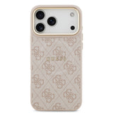 Apple iPhone 17 Pro Max Kılıf Guess Orjinal Lisanslı M-safe Şarj Özellikli Gold Metal Kamera Çerçeveli PU Deri 4G Desenli Yazı Logolu Kapak