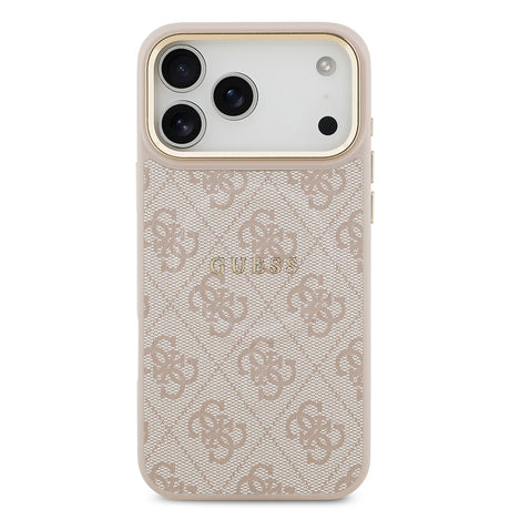 Apple iPhone 17 Pro Max Kılıf Guess Orjinal Lisanslı M-safe Şarj Özellikli Gold Metal Kamera Çerçeveli PU Deri 4G Desenli Yazı Logolu Kapak