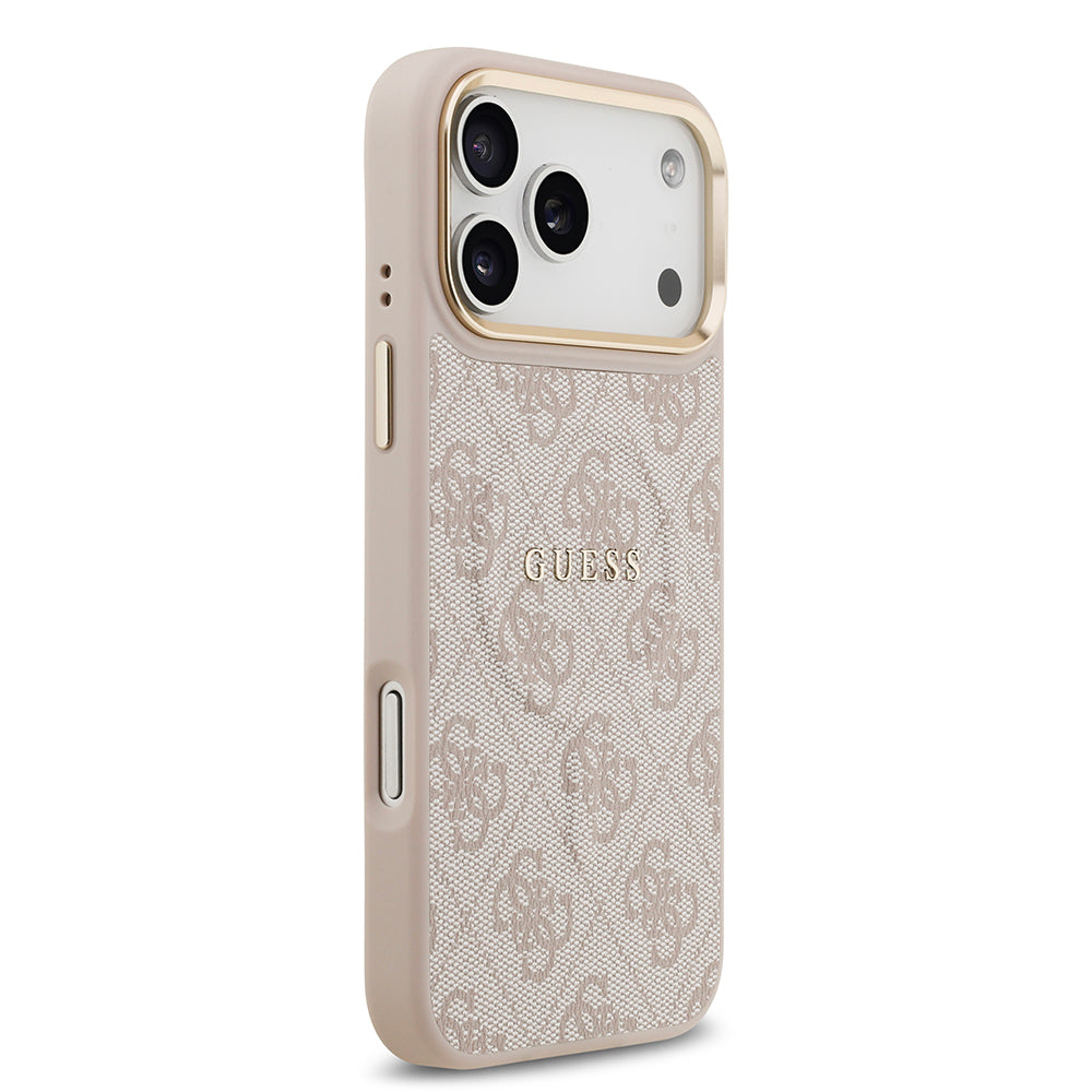 Apple iPhone 17 Pro Max Kılıf Guess Orjinal Lisanslı M-safe Şarj Özellikli Gold Metal Kamera Çerçeveli PU Deri 4G Desenli Yazı Logolu Kapak