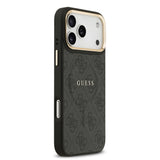Apple iPhone 17 Pro Max Kılıf Guess Orjinal Lisanslı M-safe Şarj Özellikli Gold Metal Kamera Çerçeveli PU Deri 4G Desenli Yazı Logolu Kapak