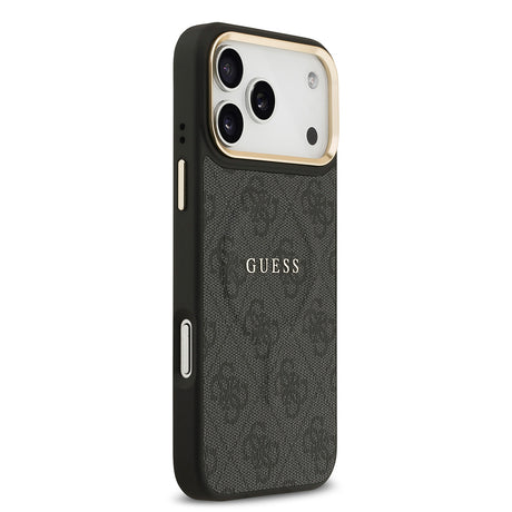 Apple iPhone 17 Pro Max Kılıf Guess Orjinal Lisanslı M-safe Şarj Özellikli Gold Metal Kamera Çerçeveli PU Deri 4G Desenli Yazı Logolu Kapak