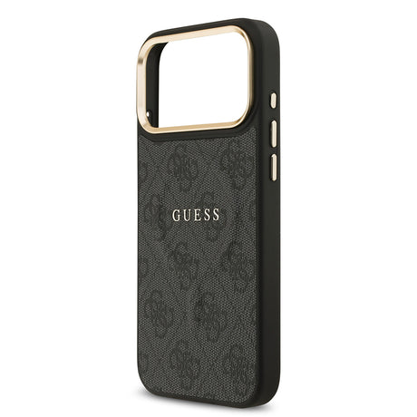 Apple iPhone 17 Pro Max Kılıf Guess Orjinal Lisanslı M-safe Şarj Özellikli Gold Metal Kamera Çerçeveli PU Deri 4G Desenli Yazı Logolu Kapak