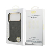 Apple iPhone 17 Pro Max Kılıf Guess Orjinal Lisanslı M-safe Şarj Özellikli Gold Metal Kamera Çerçeveli PU Deri 4G Desenli Yazı Logolu Kapak
