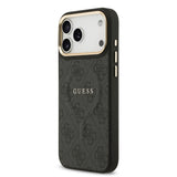 Apple iPhone 17 Pro Max Kılıf Guess Orjinal Lisanslı M-safe Şarj Özellikli Gold Metal Kamera Çerçeveli PU Deri 4G Desenli Yazı Logolu Kapak