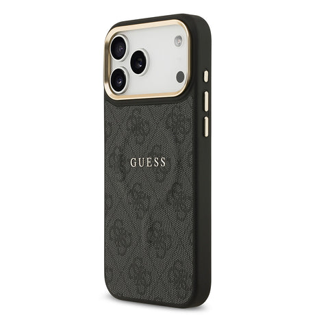 Apple iPhone 17 Pro Max Kılıf Guess Orjinal Lisanslı M-safe Şarj Özellikli Gold Metal Kamera Çerçeveli PU Deri 4G Desenli Yazı Logolu Kapak