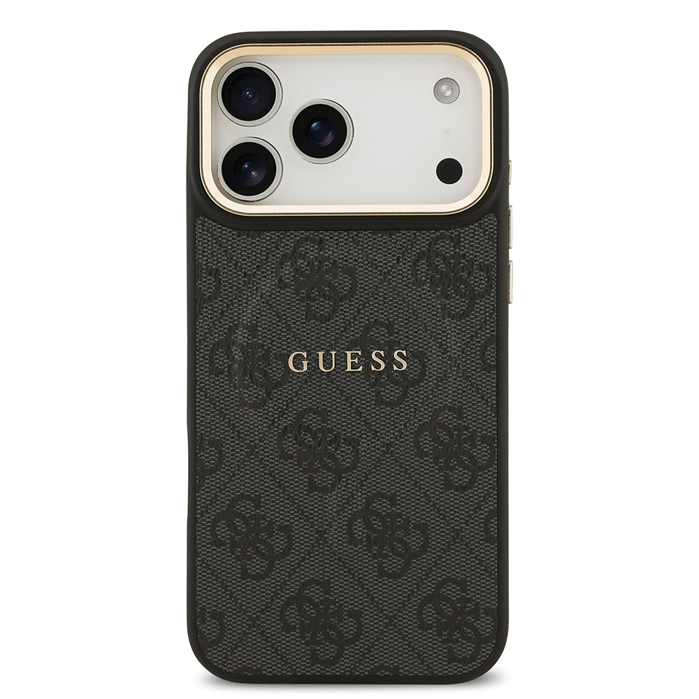 Apple iPhone 17 Pro Max Kılıf Guess Orjinal Lisanslı M-safe Şarj Özellikli Gold Metal Kamera Çerçeveli PU Deri 4G Desenli Yazı Logolu Kapak