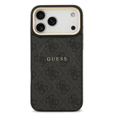 Apple iPhone 17 Pro Max Kılıf Guess Orjinal Lisanslı M-safe Şarj Özellikli Gold Metal Kamera Çerçeveli PU Deri 4G Desenli Yazı Logolu Kapak