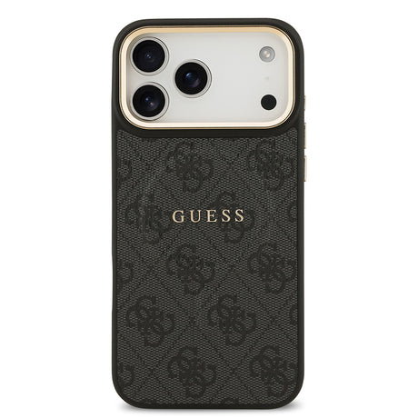Apple iPhone 17 Pro Max Kılıf Guess Orjinal Lisanslı M-safe Şarj Özellikli Gold Metal Kamera Çerçeveli PU Deri 4G Desenli Yazı Logolu Kapak