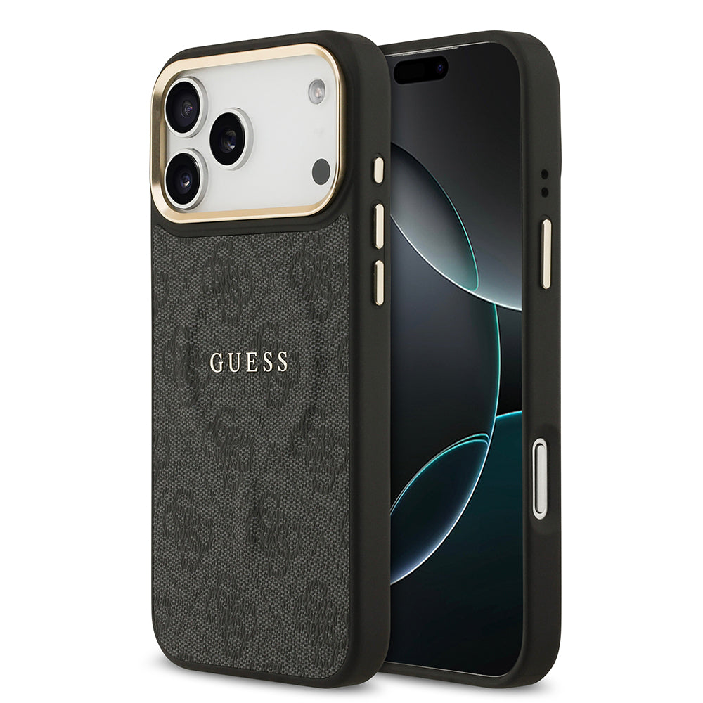 Apple iPhone 17 Pro Max Kılıf Guess Orjinal Lisanslı M-safe Şarj Özellikli Gold Metal Kamera Çerçeveli PU Deri 4G Desenli Yazı Logolu Kapak
