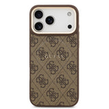Apple iPhone 17 Pro Max Kılıf Guess Orjinal Lisanslı M-safe Şarj Özellikli Gold Metal Kamera Çerçeveli PU Deri 4G Desenli Yazı Logolu Kapak