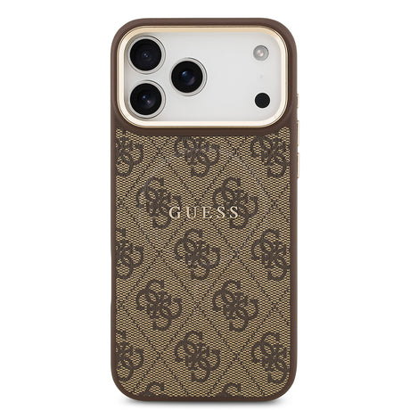 Apple iPhone 17 Pro Max Kılıf Guess Orjinal Lisanslı M-safe Şarj Özellikli Gold Metal Kamera Çerçeveli PU Deri 4G Desenli Yazı Logolu Kapak