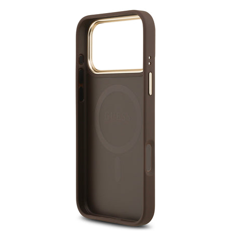 Apple iPhone 17 Pro Max Kılıf Guess Orjinal Lisanslı M-safe Şarj Özellikli Gold Metal Kamera Çerçeveli PU Deri 4G Desenli Yazı Logolu Kapak