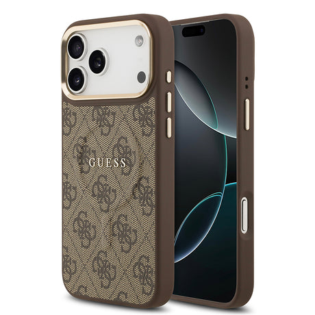 Apple iPhone 17 Pro Max Kılıf Guess Orjinal Lisanslı M-safe Şarj Özellikli Gold Metal Kamera Çerçeveli PU Deri 4G Desenli Yazı Logolu Kapak