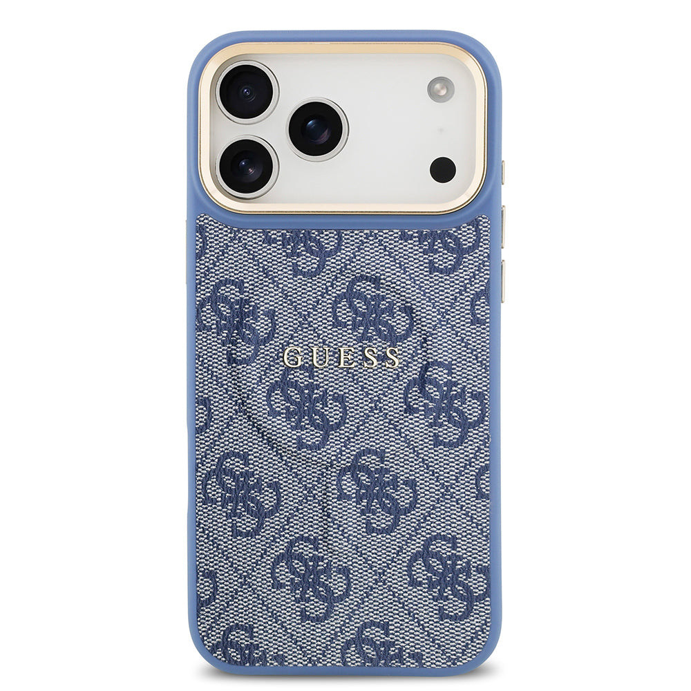 Apple iPhone 17 Pro Max Kılıf Guess Orjinal Lisanslı M-safe Şarj Özellikli Gold Metal Kamera Çerçeveli PU Deri 4G Desenli Yazı Logolu Kapak