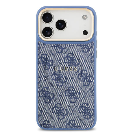 Apple iPhone 17 Pro Max Kılıf Guess Orjinal Lisanslı M-safe Şarj Özellikli Gold Metal Kamera Çerçeveli PU Deri 4G Desenli Yazı Logolu Kapak