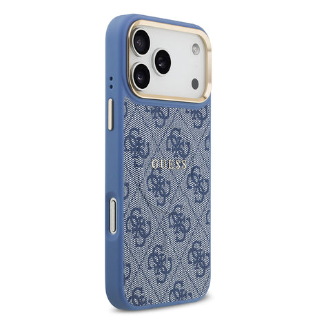 Apple iPhone 17 Pro Max Kılıf Guess Orjinal Lisanslı M-safe Şarj Özellikli Gold Metal Kamera Çerçeveli PU Deri 4G Desenli Yazı Logolu Kapak