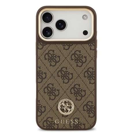 Apple iPhone 17 Pro Max Kılıf Guess Orjinal Lisanslı M-safe Şarj Özellikli Gold Metal Kamera Çerçeveli Taşlı 4G Logolu Kapak