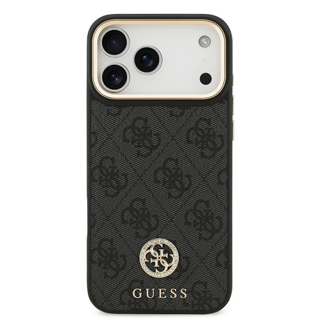 Apple iPhone 17 Pro Max Kılıf Guess Orjinal Lisanslı M-safe Şarj Özellikli Gold Metal Kamera Çerçeveli Taşlı 4G Logolu Kapak