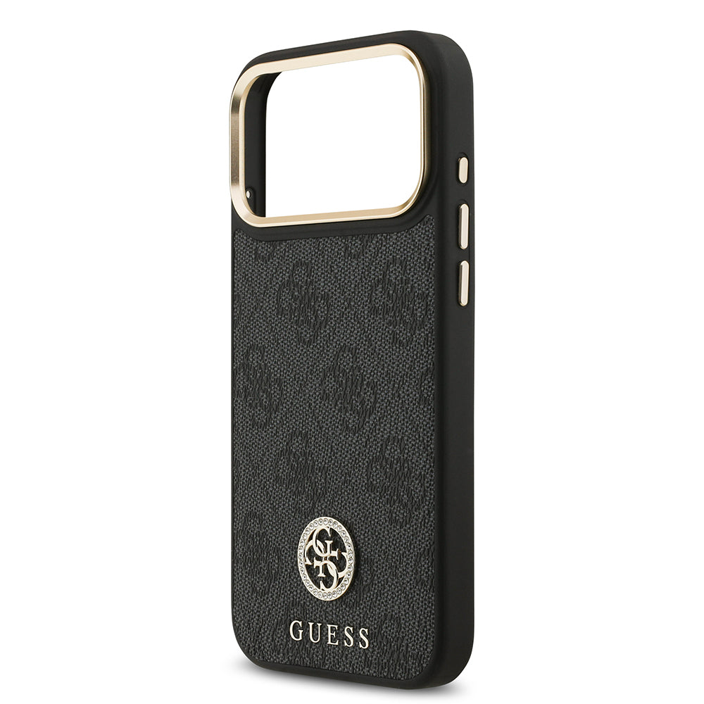 Apple iPhone 17 Pro Max Kılıf Guess Orjinal Lisanslı M-safe Şarj Özellikli Gold Metal Kamera Çerçeveli Taşlı 4G Logolu Kapak