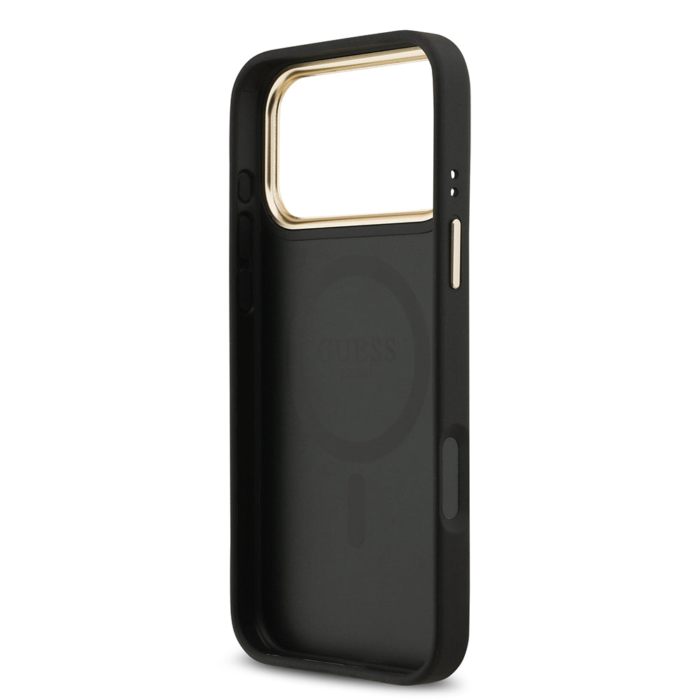 Apple iPhone 17 Pro Max Kılıf Guess Orjinal Lisanslı M-safe Şarj Özellikli Gold Metal Kamera Çerçeveli Taşlı 4G Logolu Kapak