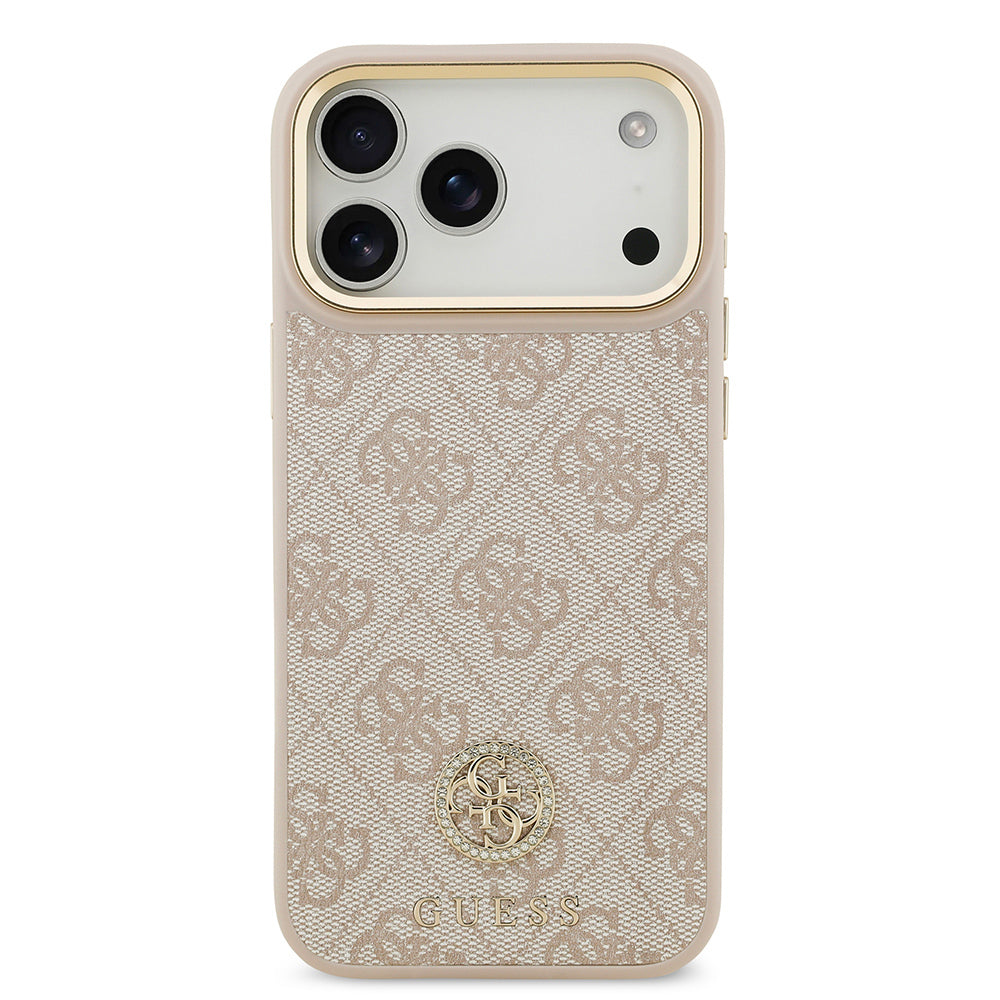 Apple iPhone 17 Pro Max Kılıf Guess Orjinal Lisanslı M-safe Şarj Özellikli Gold Metal Kamera Çerçeveli Taşlı 4G Logolu Kapak