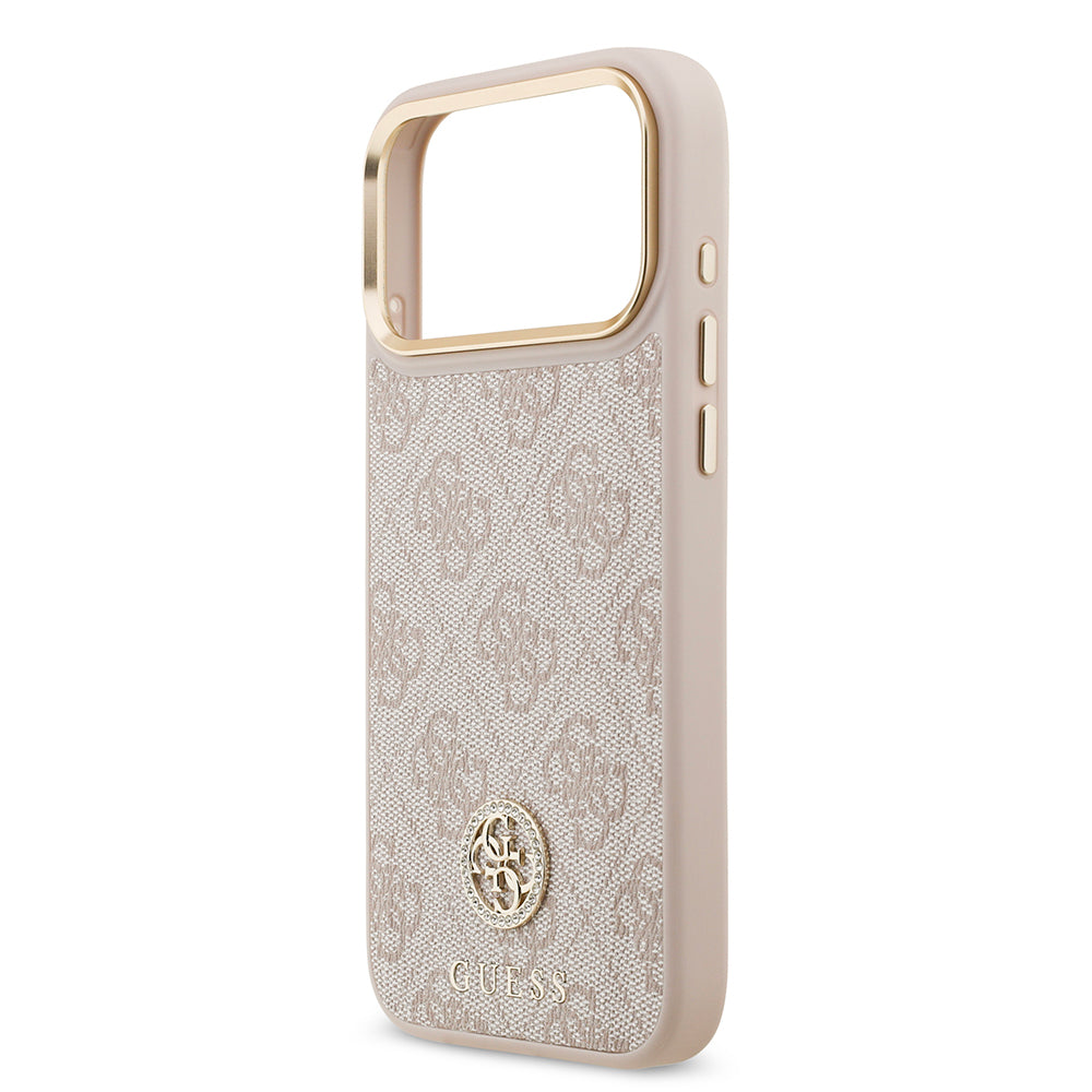 Apple iPhone 17 Pro Max Kılıf Guess Orjinal Lisanslı M-safe Şarj Özellikli Gold Metal Kamera Çerçeveli Taşlı 4G Logolu Kapak