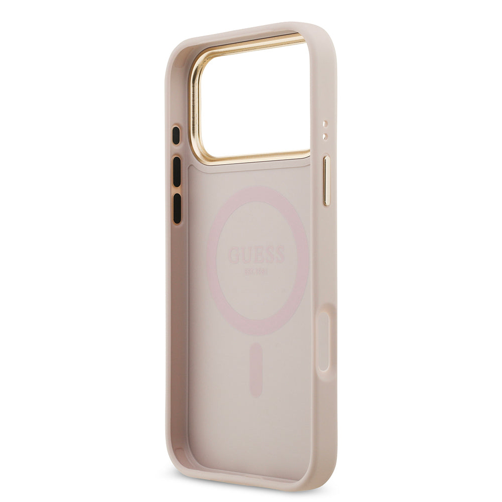 Apple iPhone 17 Pro Max Kılıf Guess Orjinal Lisanslı M-safe Şarj Özellikli Gold Metal Kamera Çerçeveli Taşlı 4G Logolu Kapak