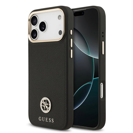 Apple iPhone 17 Pro Max Kılıf Guess Orjinal Lisanslı M-safe Şarj Özellikli Grained Yazı ve Taşlı 4G Logolu Kapak