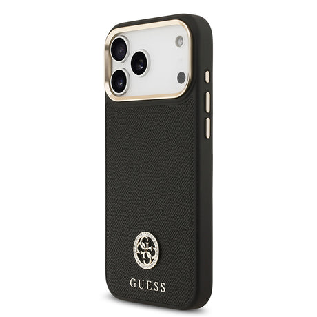Apple iPhone 17 Pro Max Kılıf Guess Orjinal Lisanslı M-safe Şarj Özellikli Grained Yazı ve Taşlı 4G Logolu Kapak