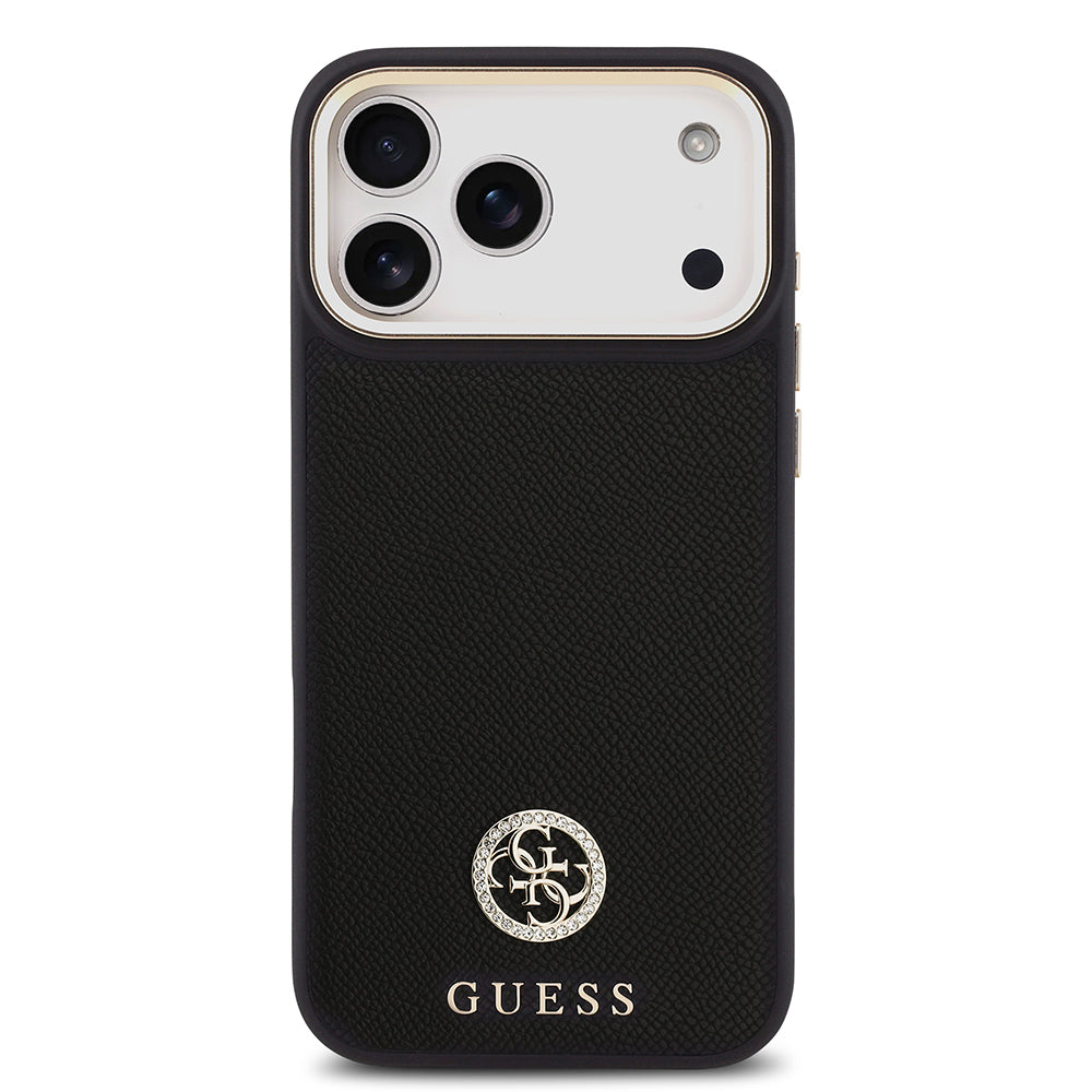 Apple iPhone 17 Pro Max Kılıf Guess Orjinal Lisanslı M-safe Şarj Özellikli Grained Yazı ve Taşlı 4G Logolu Kapak