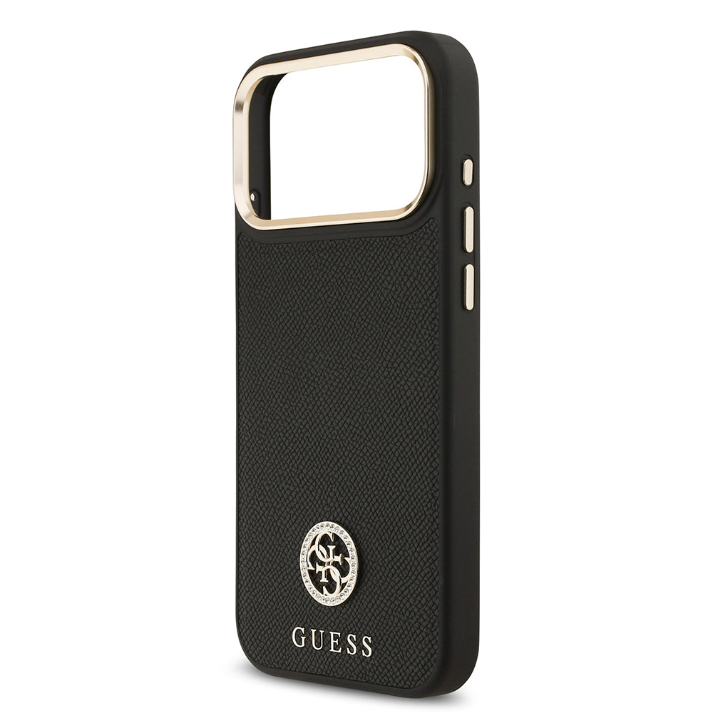 Apple iPhone 17 Pro Max Kılıf Guess Orjinal Lisanslı M-safe Şarj Özellikli Grained Yazı ve Taşlı 4G Logolu Kapak