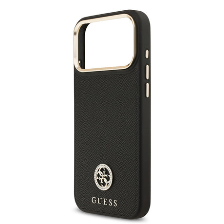 Apple iPhone 17 Pro Max Kılıf Guess Orjinal Lisanslı M-safe Şarj Özellikli Grained Yazı ve Taşlı 4G Logolu Kapak