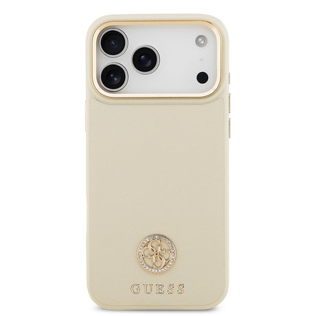 Apple iPhone 17 Pro Max Kılıf Guess Orjinal Lisanslı M-safe Şarj Özellikli Grained Yazı ve Taşlı 4G Logolu Kapak